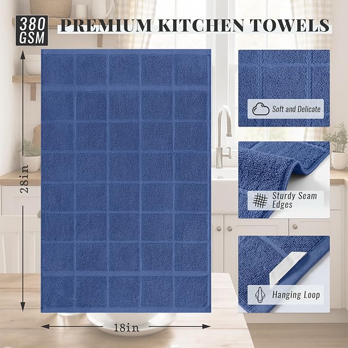 Homaxy 100% Cotton Kitchen Towels 18"x28", 6 Pack Dish Towels, Navy Blue | Large 380 GSM Soft and Absorbent Kitchen Hand Towels with Terry Grid Design, Utility Tea Towel Set with Hanging Loop - Image 2