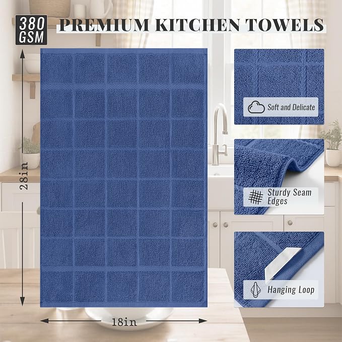 Homaxy 100% Cotton Kitchen Towels 18"x28", 8 Pack Dish Towels, Navy Blue | Large 380 GSM Soft and Absorbent Kitchen Hand Towels with Terry Grid Design, Utility Tea Towel Set with Hanging Loop - Image 2