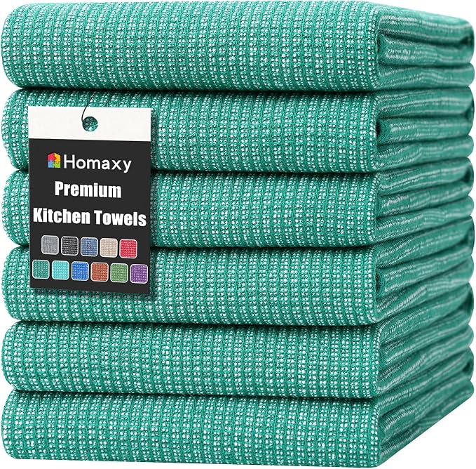 Homaxy 380 GSM Cotton Premium Kitchen Towels 6 Pack, 18"x 28", Green | Flat and Terry Dish Towels, Highly Absorbent Tea Towel Set with Hanging Loop, Soft Utility Kitchen Hand Towels by Homaxy