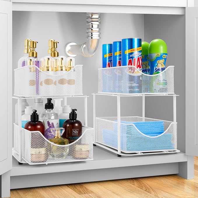 Sorbus 2 Tier Under Sink Bathroom Organizers and Storage, Strong Steel Mesh Sliding Drawers for Enhanced Bathroom Storage Ideal Bathroom Organization and Storage & Under Kitchen Sink Organizer (White) - Image 2