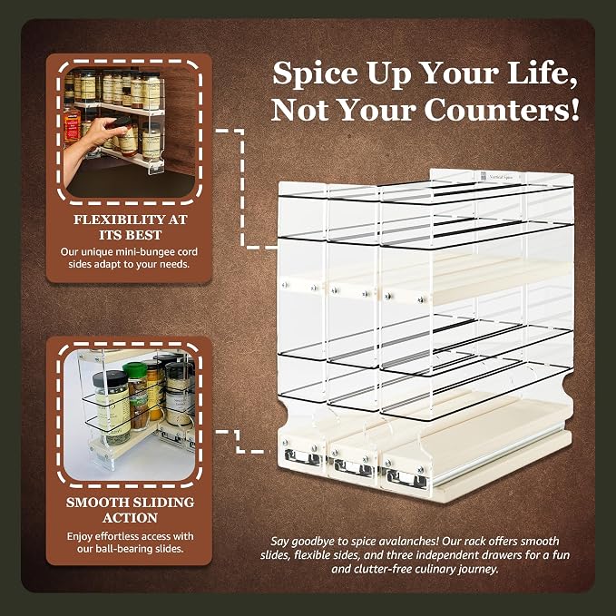 Cabinet Mounted Spice Rack Organizer - 3 Drawers,15 Reg. & 30 Half Sized Spice Jars - Pantry Organizers & Storage - Pullout Shelf for Kitchen Cupboard (6.9''W x 9.25''H x 10.6"D, Cream) - Image 2