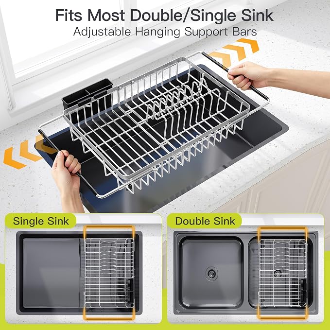 JASIWAY Expandable Dish Drying Rack Over the Sink with Utensil Holder | Stainless Steel Adjustable Dish Driainers for Small Kitchen, Counter Space Saving, Fast Drain, Rustproof, For Apartment, RV - Image 3