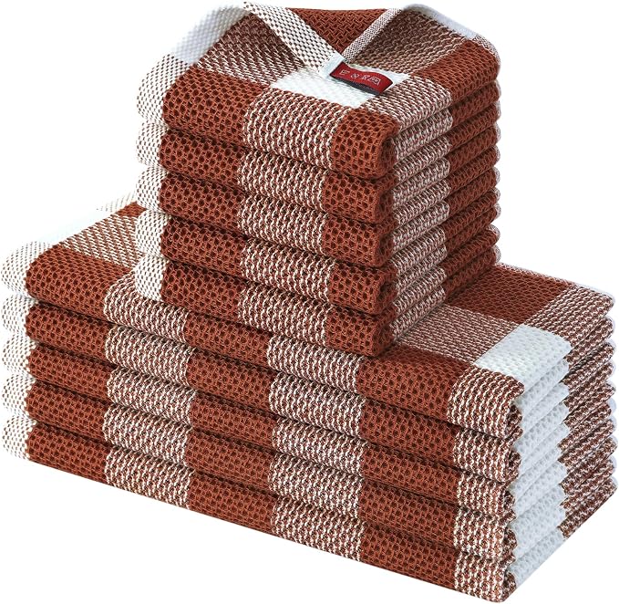 Homaxy Kitchen Towels and Dishcloths Set, Set of 10, White & Rust | Bulk Cotton Waffle Weave Check Plaid Kitchen Towels, Super Soft and Absorbent Dish Cloths, 12 x 12 and 13 x 28 Inches by Homaxy