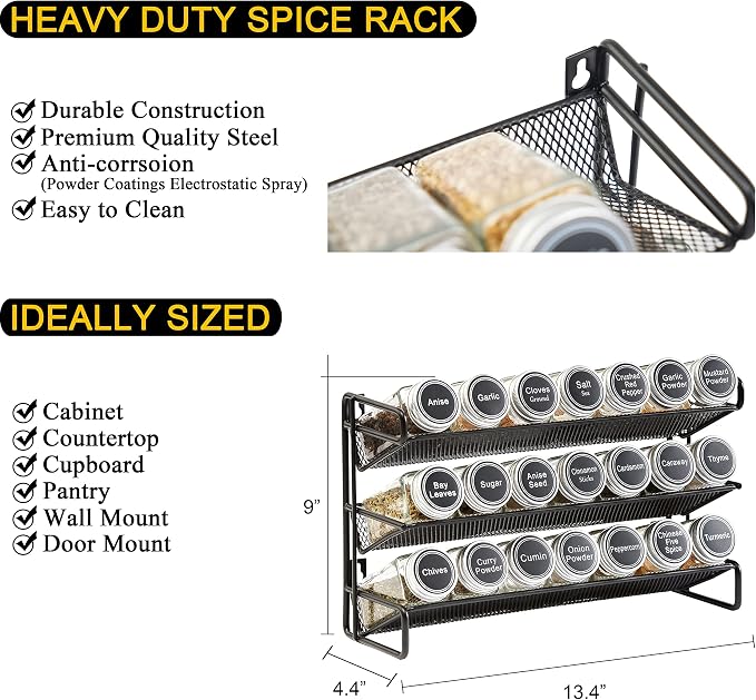 SpaceAid Spice Rack Organizer with 21 Spice Jars, 386 Spice Labels, Chalk Marker and Funnel Set for Cabinet, Countertop, Pantry, Cupboard or Door & Wall Mount - 21 Jars, 13.4" W × 9" H, Black - Image 3