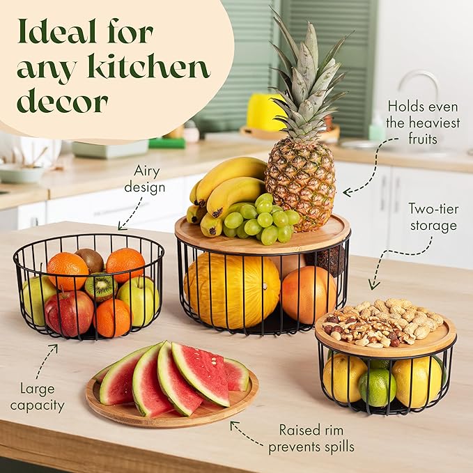 Fruit Basket for Kitchen Counter Set of 3 - Large Stackable Baskets with Bamboo Lid - Fruit Bowl, Perfect Holder For Fruits and Vegetable Storage -Keep Your Countertop Classy, Tidy and Slightly Fruity - Image 2