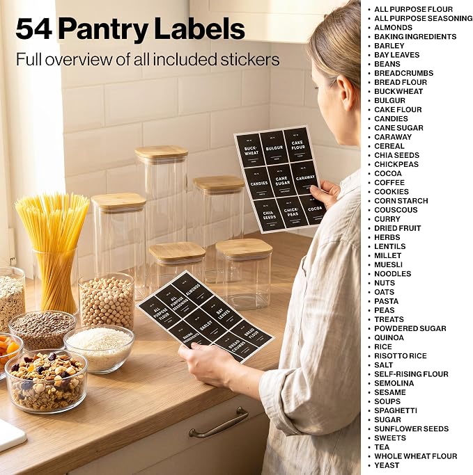 Glass Pantry Storage Jars Containers with Bamboo Lids and Labels - Set of 5 | Extra Thick Square Glass Canisters with Bamboo Wood Lids and 54 Pre-printed Pantry Labels keeps dry Goods Fresh and Organized - Image 8