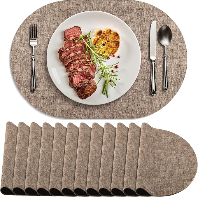 Placemats Set of 12 Washable, Heat Resistant Table Placemats Wipeable Faux Leather Oval Place Mats Non Slip, Waterproof Oval Table Mats for Indoor Outdoor, Apricot by Delicateandelegantplacemats