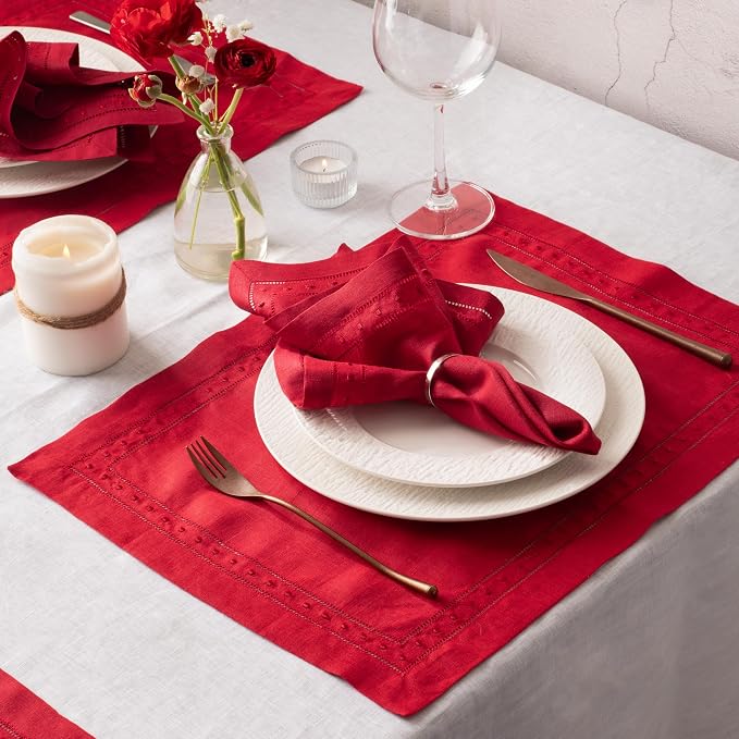 Linen Napkins Set of 4-100% Pure Linen Red Embroidered Dinner Napkins - Hemstitch Cloth Napkins Washable for Halloween, Christmas and Winter Decor - Image 5