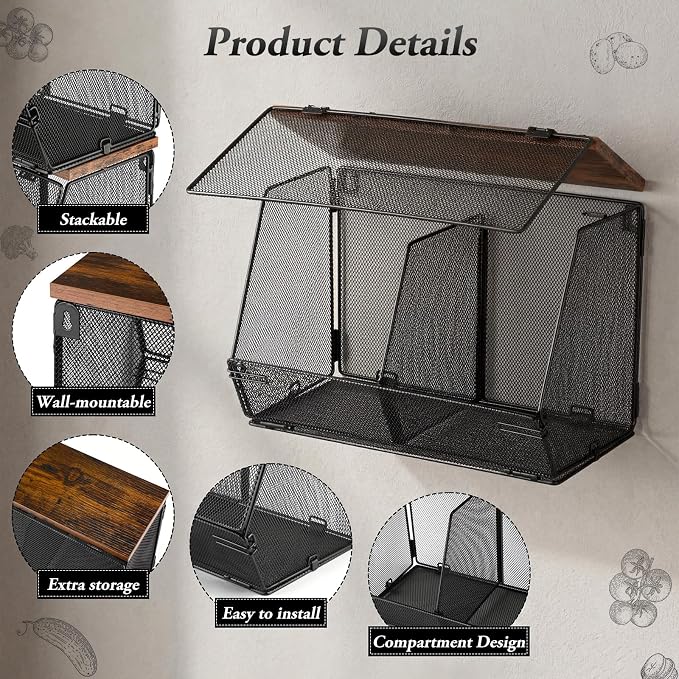 Teenyyou 2 Pcs Stackable Mesh Fruit Basket with Lid Wall Produce Vegetable Storage Basket Onion Potato Hanging Metal Wire Container for Kitchen Counter Pantry (Divided,Black,8.3"w & 13.8"L) - Image 3