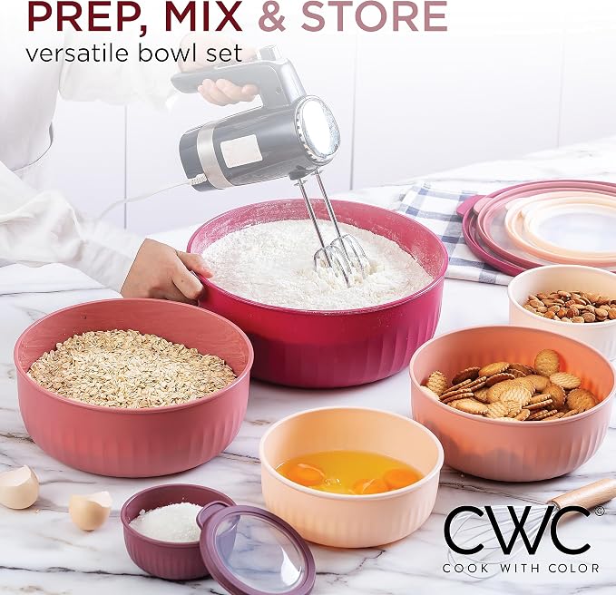 COOK WITH COLOR Prep Bowls with Lids- Wide and Deep Nesting Plastic Small Mixing Bowl Set with Lids, 12 Piece Set - Wide Bowls, Rose - Image 2