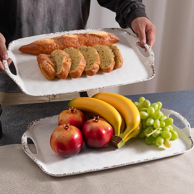 Farmhouse Melamine Serving Tray with Handles, Set of 2, 19"x12" Extra Large Rectangular Turkey Serving Platter, Serving Food Trays for Entertaining, Christmas,Thanksgiving,Party, Ivory - Image 3
