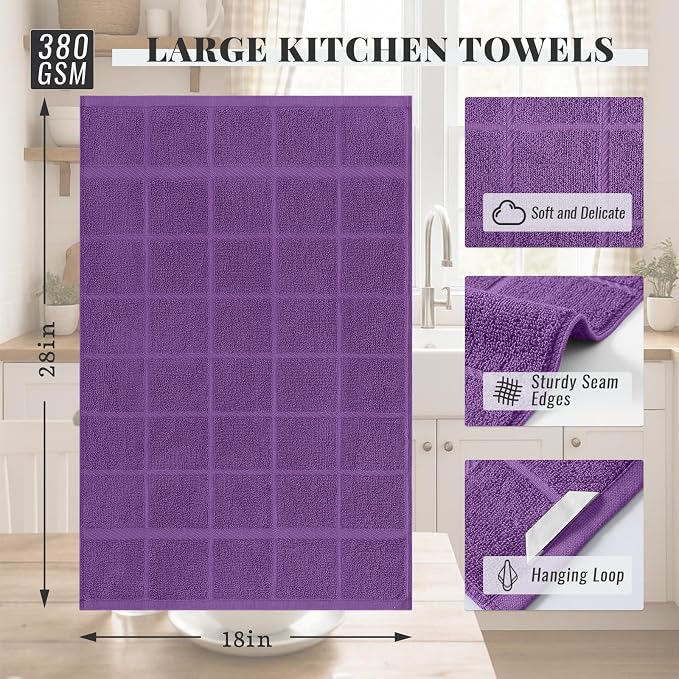 Homaxy 100% Cotton Kitchen Towels 18"x28", 8 Pack Dish Towels, Purple | Large 380 GSM Soft and Absorbent Kitchen Hand Towels with Terry Grid Design, Utility Tea Towel Set with Hanging Loop - Image 2