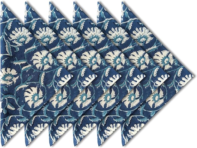 Cotton Print Dinner Napkins 18x18 inches - Washable Cloth Napkins Set of 6 - Everyday Use or Dinner Party and Events - Indigo Blue Block Printed Soft Fabric by Craftbot by AVKAStudio