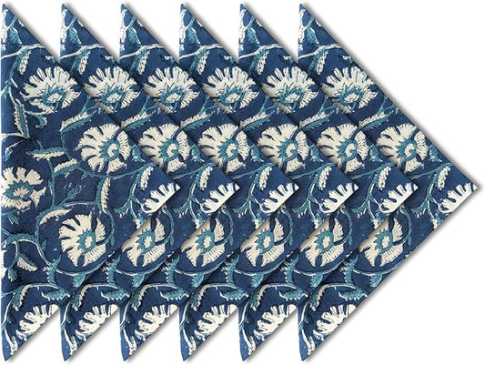 Cotton Print Dinner Napkins 18x18 inches - Washable Cloth Napkins Set of 6 - Everyday Use or Dinner Party and Events - Indigo Blue Block Printed Soft Fabric by Craftbot by AVKAStudio