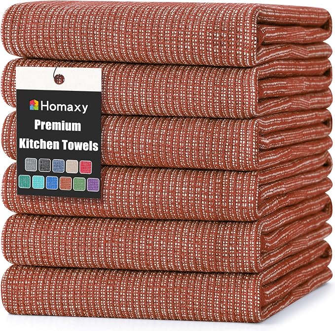Homaxy 380 GSM Cotton Premium Kitchen Towels 6 Pack, 18"x 28", Rust | Flat and Terry Dish Towels, Highly Absorbent Tea Towel Set with Hanging Loop, Soft Utility Kitchen Hand Towels by Homaxy