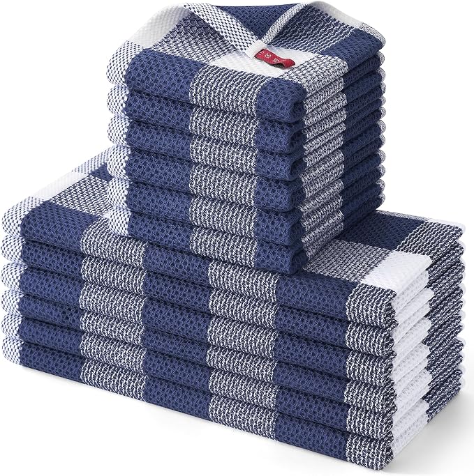 Homaxy Kitchen Towels and Dishcloths Set, Set of 12, White & Navy Blue | Bulk Cotton Waffle Weave Check Plaid Kitchen Towels, Super Soft and Absorbent Dish Cloths, 12 x 12 and 13 x 28 Inches by Homaxy