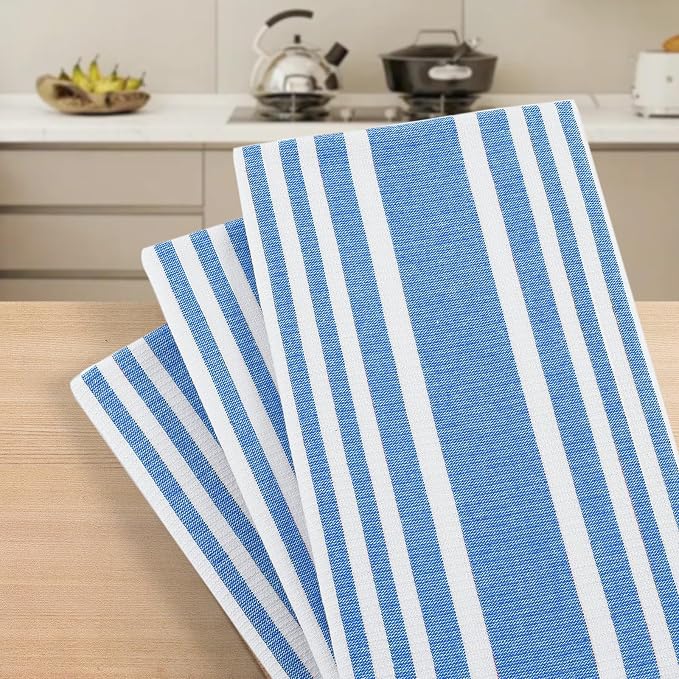 Homaxy Premium Cotton Stripe Kitchen Towels 3 Pack, 18"x 28", Blueberry | Large 380 GSM Kitchen Hand Towels, Soft Terry Dish Towels, Highly Absorbent Tea Towel Set with Hanging Loop - Image 7