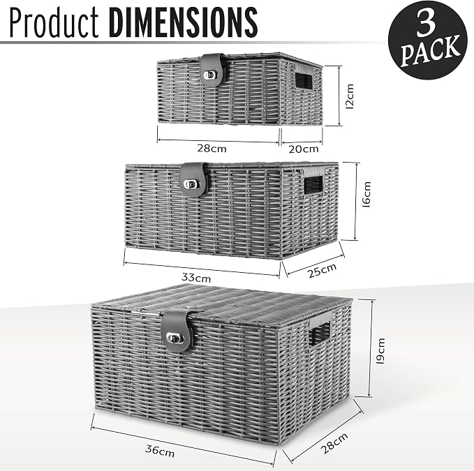 ARPAN Set of 3 Resin Woven Utility Storage Basket Box With Lid & Lock (Grey) - Image 2