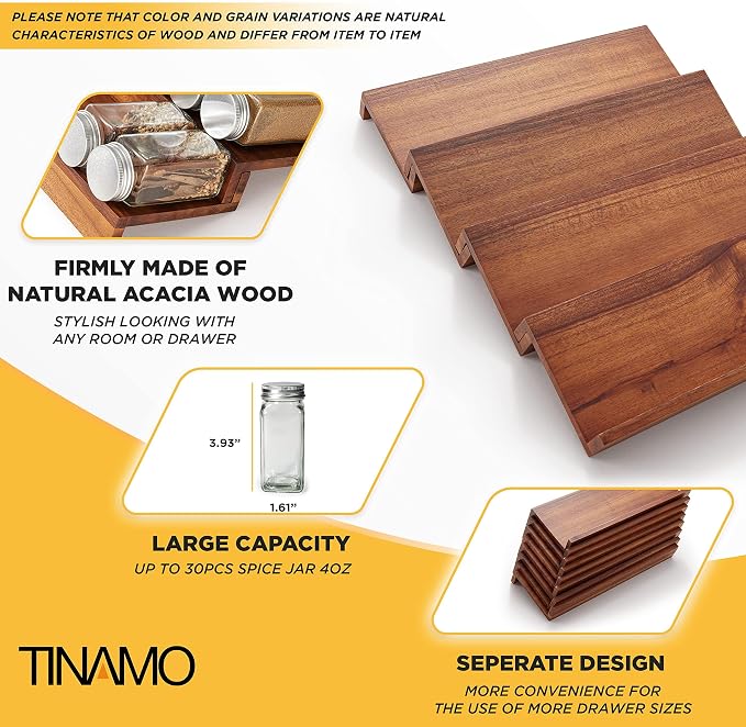 Tinamo Acacia Wooden Spice Rack Organizer for Cabinet - Spice Drawer Insert, Spice Organization for Cabinet, Seasoning Organizer, Spice Holder Pack of 4 (Acacia pack 4) | Acacia Wood Construction, No assembly Required, Stackable 4-tray Design, Spacious... - Image 4