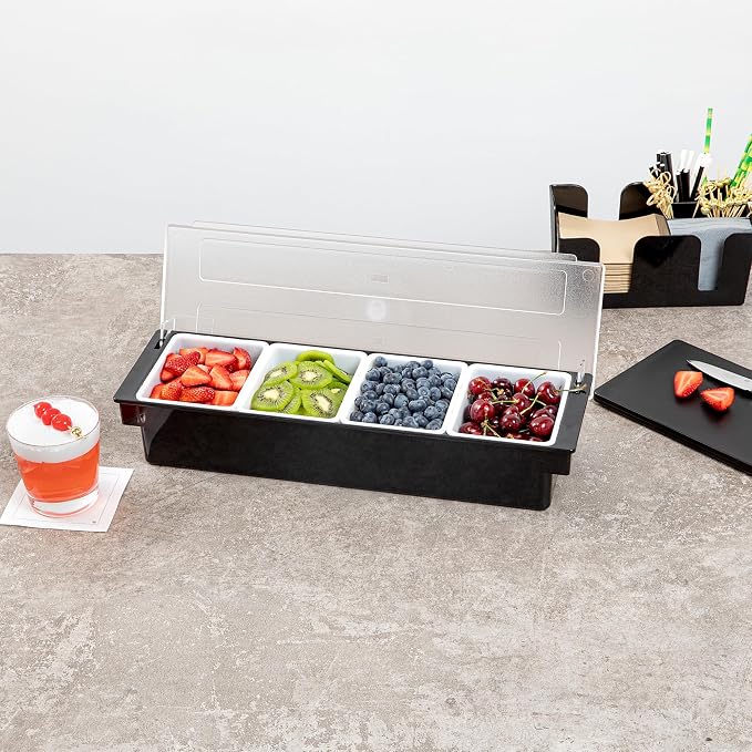 Restaurantware Bar Lux 19.6 x 6.3 x 3.7 Inch Condiment Caddy 1 Durable Bar Caddy - 4 Removable Compartments Built-In Lid Black Plastic Condiment Holder For Restaurant Store Cocktail Garnish - Image 4