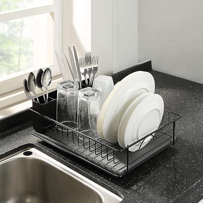 SunnyPoint 304 Stainless Steel Dish Drying Rack with Diatomaceous Earth Drainboard & Removable Utensil Caddy – Rust Resistant Countertop Dish Rack for Kitchen (Black) - Image 2
