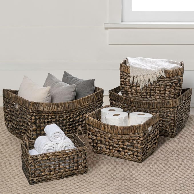 happimess Aria 5-Piece Nesting Storage Baskets Water Hyacinth 21", Brown | Handwoven Contemporary Bohemian Design, Iron Metal Frame, Open Weave, Decorative Organization For Living Room and Bedroom - Image 5