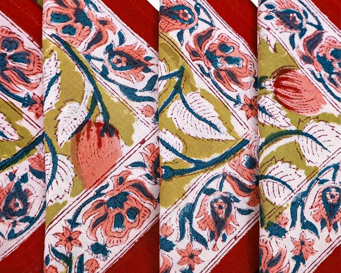 18x18 Inches Cotton Napkins Set of 4, Yellow Red, Washable Hand Block Printed Reusable Cloth Napkins for Dinning, Party, Wedding, Home Decor Fall - Image 2