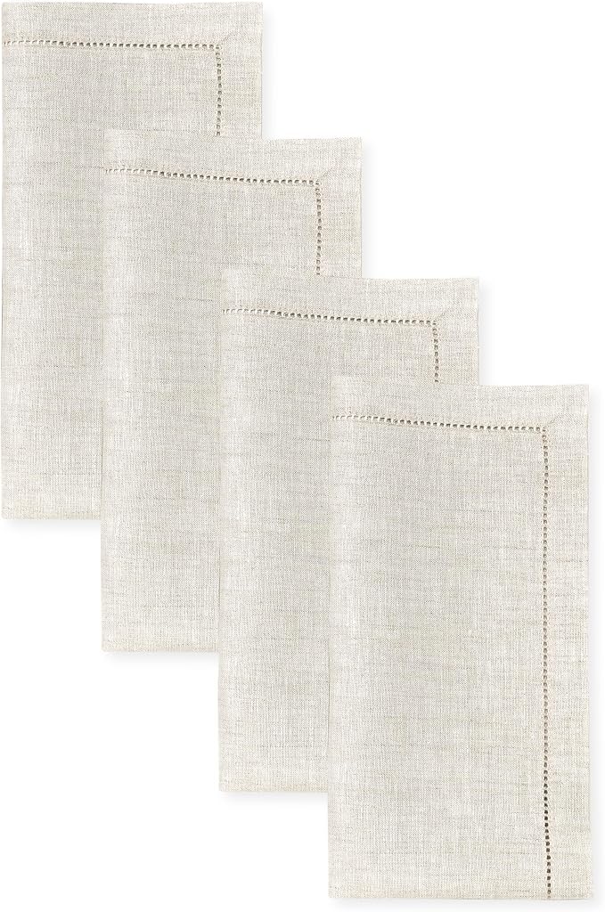 Signature Linen™ by D'Moksha Light Natural Dinner Napkins Set of 4, 20 x 20 Inch Cloth Napkins, 100% Pure Linen, Hemstitch, Machine Washable Table Napkins- Summer, Weddings, Outdoor hostings by DMokshaHomes