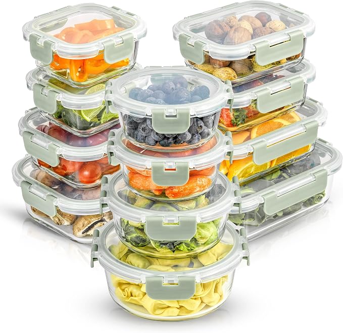 JoyJolt 24pc Borosilicate Glass Storage Containers with Lids | 12 Airtight/Freezer Safe Food Storage Containers for Pantry and Kitchen | Meal Prep Container for Lunch | Glass meal Set by JoyJolt