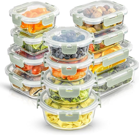 JoyJolt 24pc Borosilicate Glass Storage Containers with Lids | 12 Airtight/Freezer Safe Food Storage Containers for Pantry and Kitchen | Meal Prep Container for Lunch | Glass meal Set by JoyJolt