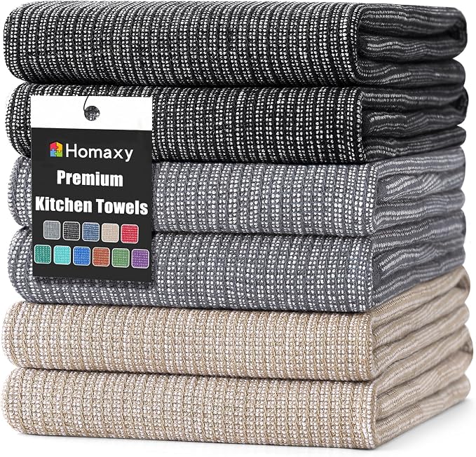 Homaxy 380 GSM Cotton Premium Kitchen Towels 6 Pack, 18"x 28", Mix | Flat and Terry Dish Towels, Highly Absorbent Tea Towel Set with Hanging Loop, Soft Kitchen Hand Towels, Grey/Khaki/Black by Homaxy