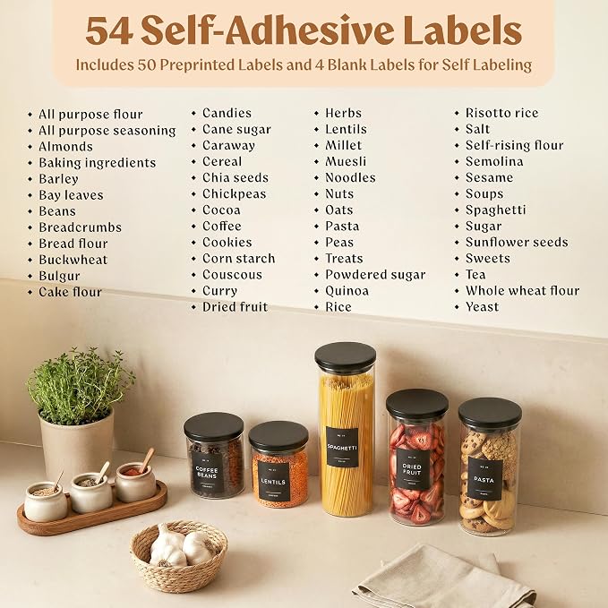 Glass Storage Containers with Black Lids [Extra Thick Glas] with 54 Labels - Canister For Pantry Noodles Flour Cereal Rice Sugar Tea Coffee Beans - Round Set of 5x - Image 8