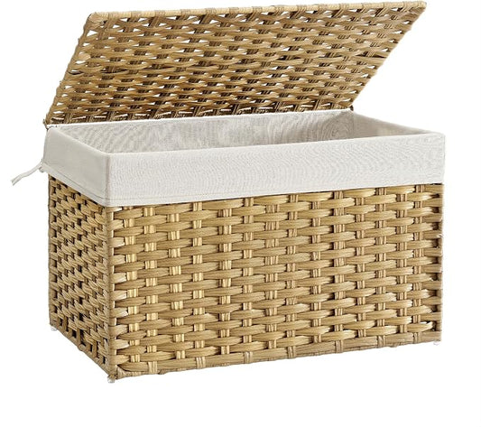 SONGMICS Storage Basket with Lid, Woven Blanket Storage Bin with Handles, Foldable, Removable Liner, Metal Frame, for Bedroom, Laundry Room, 27.7 Gallons (105 L), Natural URST066N01 by Unknown