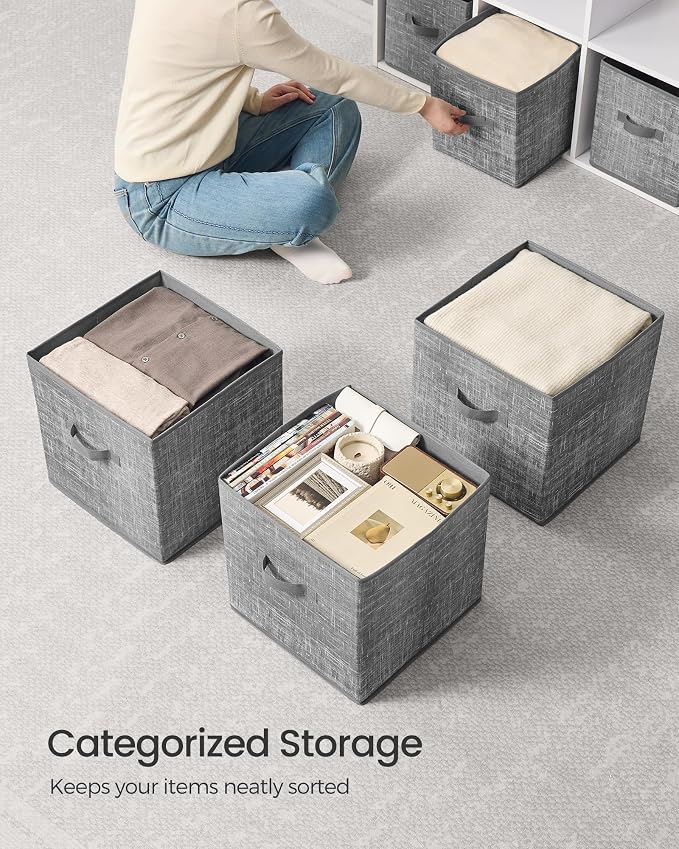 SONGMICS Storage Cubes, 13 x 13 x 13 Inches Non-Woven Fabric Bins with Double Handles, Set of 10, Closet Organizers for Shelves, Foldable, for Clothes, Cattail Gray UROB133G01 - Image 4