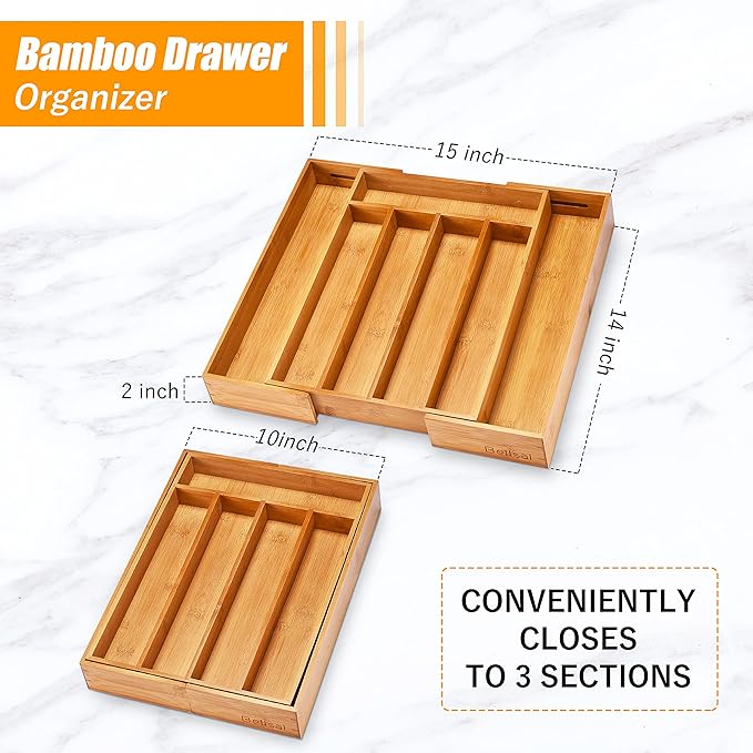 Silverware Organizer Kitchen Drawer Organizer Expandable Bamboo Utensil Holder Cutlery Tray for Kitchen Utensil and Flatware Bedroom Office - Image 2