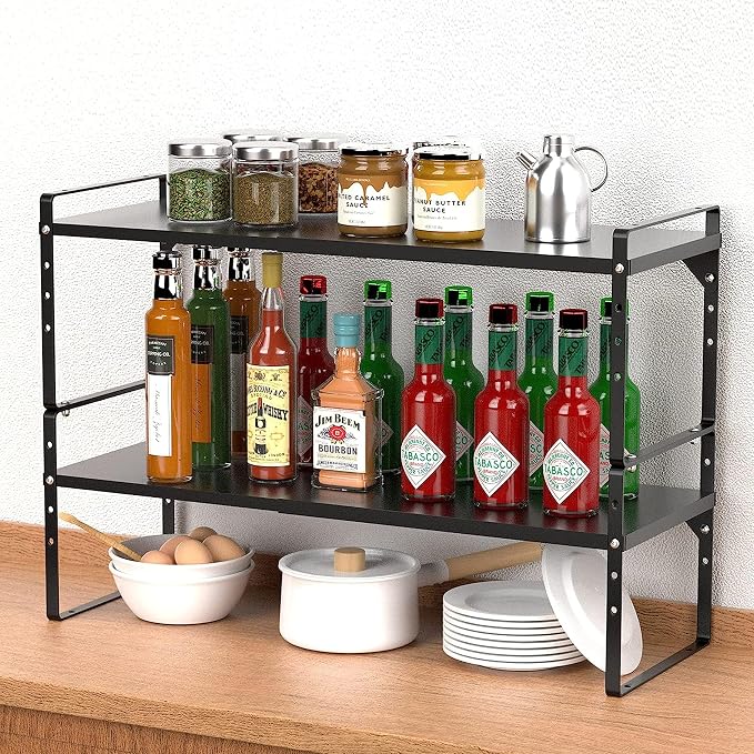 Expandable Kitchen Cabinet Storage Shelf, Stackable Metal Pantry Storage Shelves Organizer, Adjustable Height Counter Spice Rack for Kitchen Cabinet, Countertop, Pantry and Office - Image 2