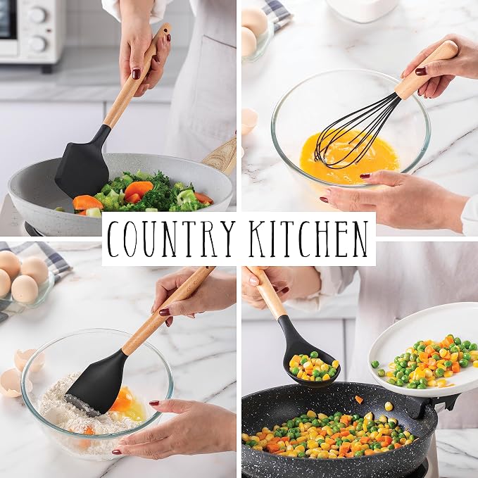 Country Kitchen Non Stick Silicone Utensil Set with Rounded Wood Handles for Cooking and Baking, 14 Piece Set, Black - Image 3