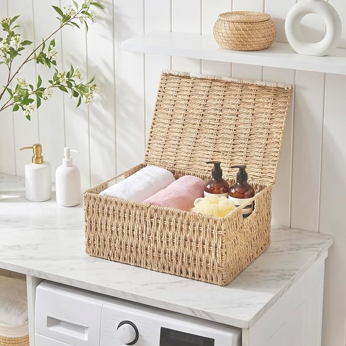 Wicker Basket with Scalloped Edge Lid, Water Hyacinth Storage Basket with Built-in Handles, Handwoven Wicker Box for Living Room, 15" L x 11 ¼" W x 7" H (Paper Rope-2) - Image 7