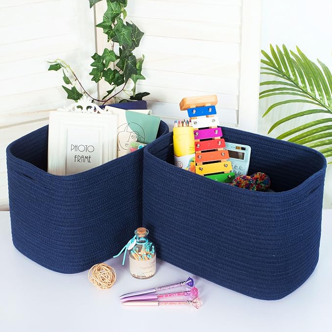 3-Pack Decorative Woven Storage Baskets for Shelves, Cube Bin Box for Organizing Books, Shoes, Dog Toys, Pantry Closet and Living Room Organizer, Navy Blue - Image 3