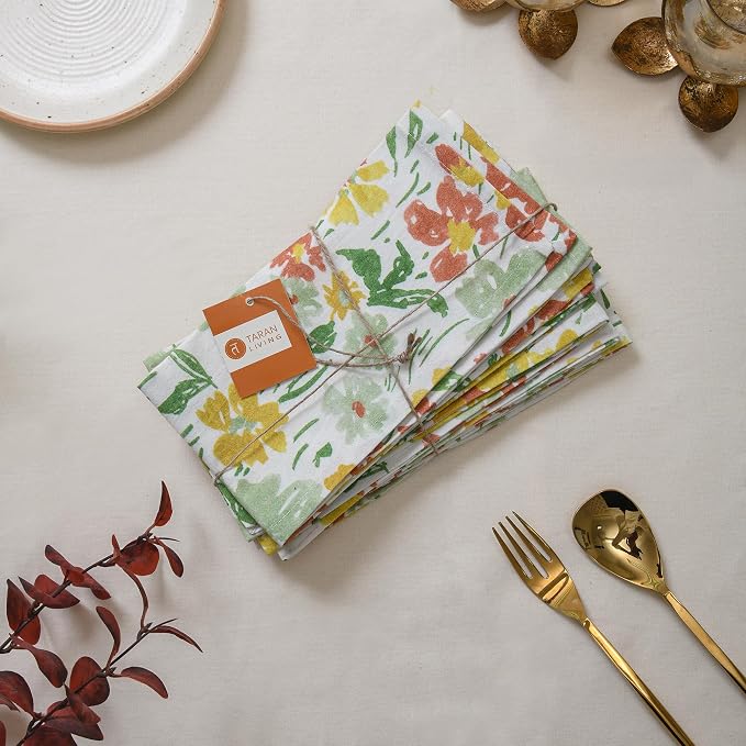 Floral Cotton Cloth Napkins Set of 4, 18 x 18 Inch Reusable Washable Dinner Napkins, Printed Fabric Table Napkins for Dining, Parties, Holidays & Everyday Use by TARANLIVING
