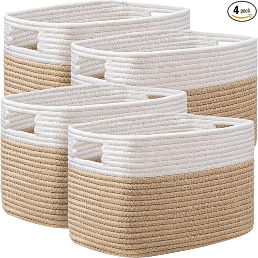 4 Pack Storage Baskets for Organizing, Shelf Baskets with Handles, White&Brown by UBBCARE