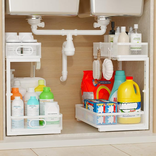Under Sink Organizer 2 Pack, 2-Tier Slide Out Cabinet Organizer with Metal Sliding Drawer and Hooks, Pull Out Storage Baskets for Kitchen Bathroom Pantry Cabinet Organization (White) by Unknown