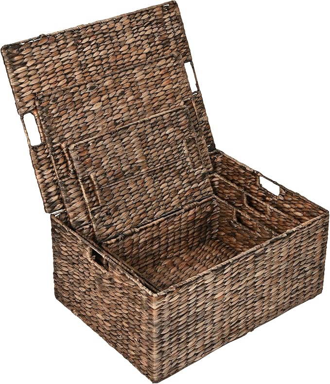 happimess Brooks 3-Piece Woven Hyacinth Storage Basket Set 22", Brown | Classic Farmhouse Style, Rectangular Nesting Wicker Containers, Integrated Handles, Hinged Lids, Iron Metal Frame - Image 6