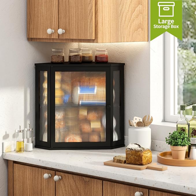 BMOSU Corner Bread Box for Kitchen Countertop Double Layer Bamboo Wooden Bread box Large Capacity Bread Storage Bin(Black, Extra Large) - Image 4