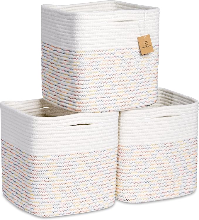 NaturalCozy Storage Cubes 11 Inch Cotton Rope Woven Baskets for Organizing, 3-Pack | Cube Storage Bin | Square Storage Baskets for Shelves Organizer, Classroom, Kids Toy Bins, Closet, Baby Nursery by NaturalCozy