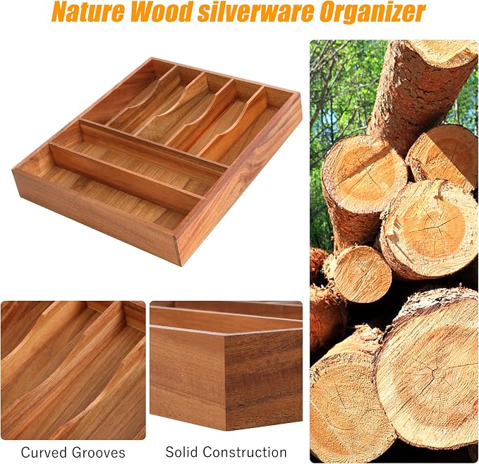 Bamboo Silverware Organizer, 12"x15.7" Utensil Holder Cutlery Tray with Grooved Drawer Dividers for Kitchen Flatware, Bedroom, Office (7 Slot, Acacia) - Image 5