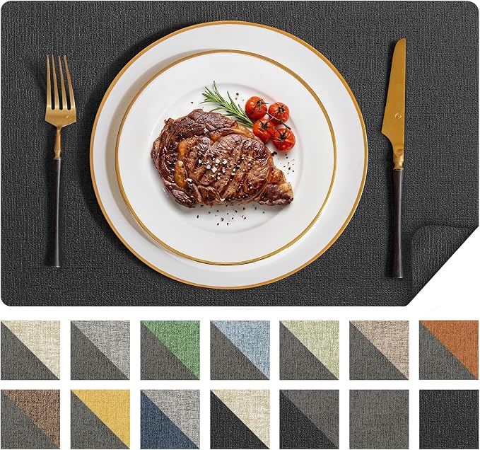 Romanstile Vinyl Placemats Set of 4, Reversible Faux Leather Heat Resistant Wipeable Table Mats, Waterproof Washable Non-Slip Table Placemats for Dining/Kitchen/Party/Outdoor (Black, 12" x 17") by Romanstile