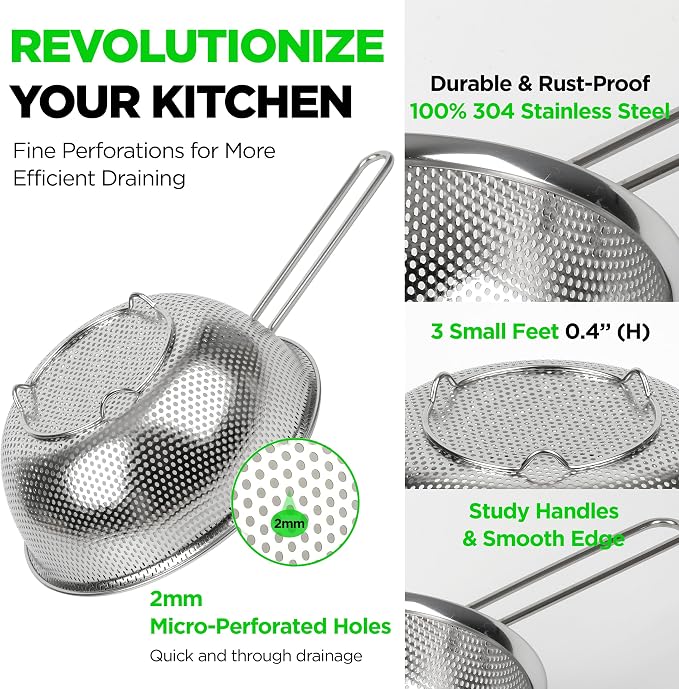 Premium 18/8 304 Stainless Steel Set of 3 – Micro-Perforated Strainer with Long Handle, Self-Draining Base for Pasta Rice Vegetables, 18/8 304 Heavy Duty (1.5, 2.5, 4 Qt) Made in Korea - Image 3