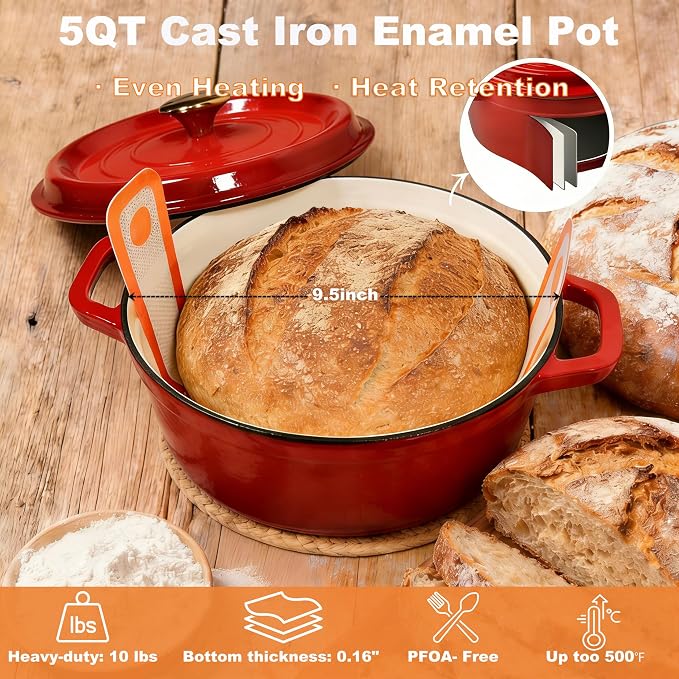 All-Inclusive Sourdough Starter Kit with Enameled Cast Iron Dutch Oven & Scale - Premium Bread Making Tools with 4 Banneton Proofing Baskets, Beginner Guide, Sling, 34oz Starter Jar, Best Baking Gifts - Image 2