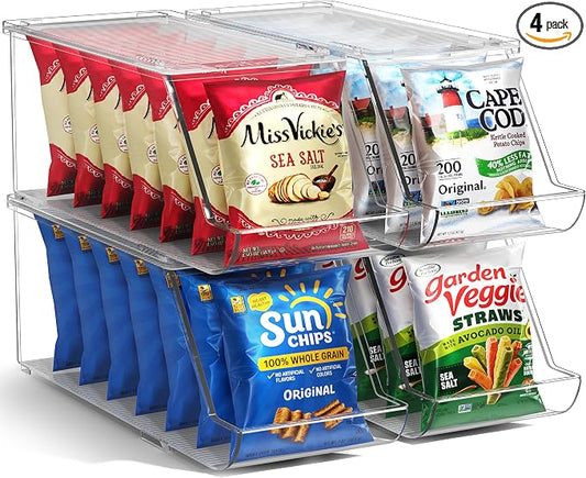 Sorbus Stackable Snack Organizer Bins Open Front – Clear Pantry Storage Bins for Chips, Snacks & Food Pouches – Kitchen Pantry Organizer (4 Pack) | Open Front, Clear, For Chips, Snacks & Food Pouches, Pantry Storage by Sorbus